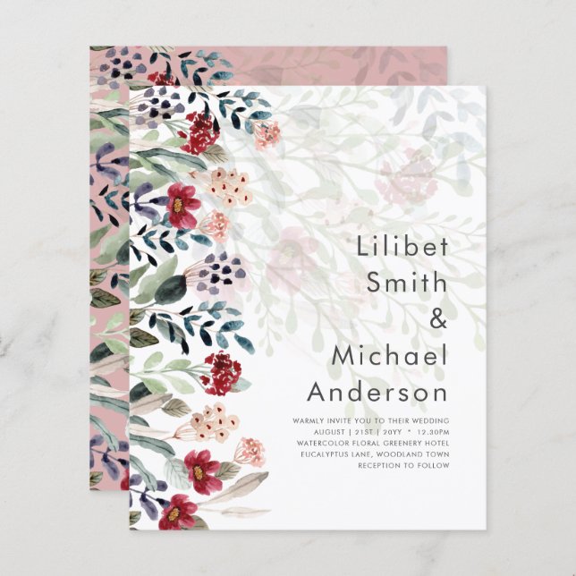 Eleganten Sublime Burgundy Blue Wildblomma Bröllop (Fram/baksida)