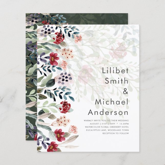 Eleganten Sublime Burgundy Blue Wildblomma Bröllop (Fram/baksida)