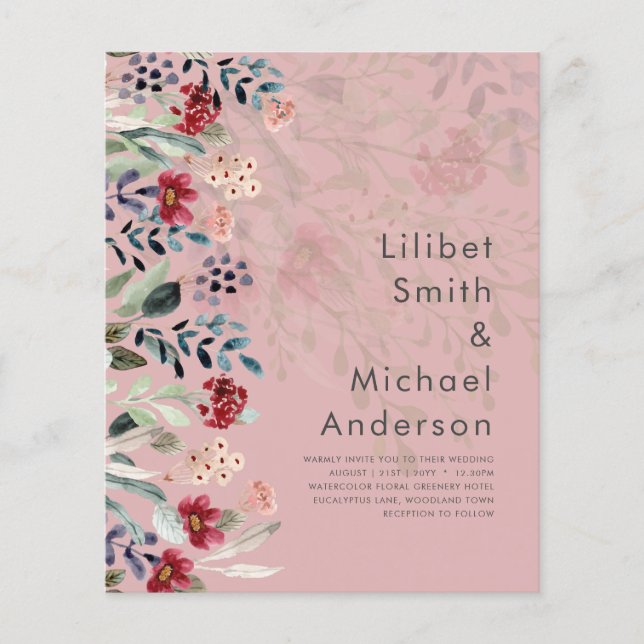 Eleganten Sublime Burgundy Blue Wildblomma Bröllop Flygblad (Framsidan)