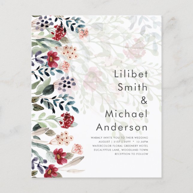 Eleganten Sublime Burgundy Blue Wildblomma Bröllop Flygblad (Framsidan)