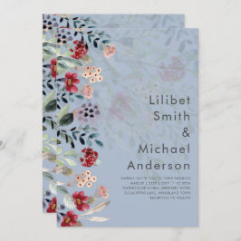 Eleganten Sublime Burgundy Blue Wildblomma Bröllop Inbjudningar