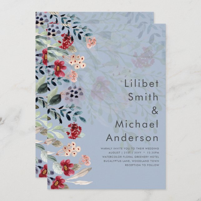 Eleganten Sublime Burgundy Blue Wildblomma Bröllop Inbjudningar (Fram/baksida)