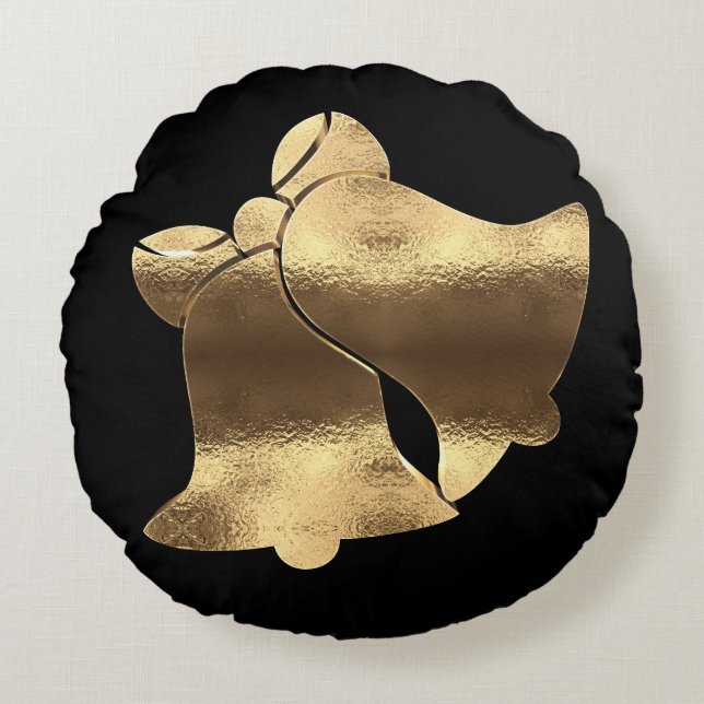 Eleganten Svart och Guld vid Golden jul Klockor Rund Kudde (Framsidan)
