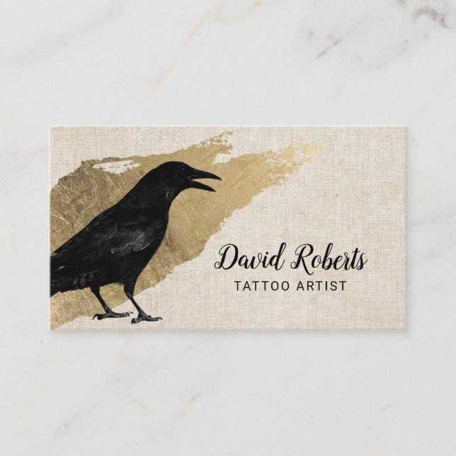 Eleganten Tattoo & Piercing Black Kråka Guld Strok Visitkort (Framsida)