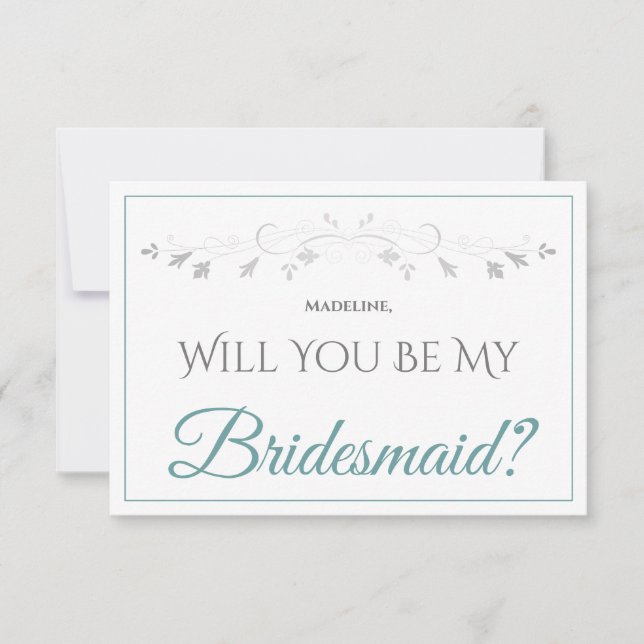 Eleganten Teal & Grått ska vara mitt Bridesmaid Ca Kort (Framsida)