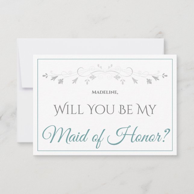 Eleganten Teal & Grått ska vara mitt Maid of honor Kort (Framsida)