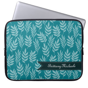 Eleganten Teal och Aqua Lämnar Mönster med Namn Laptop Sleeve