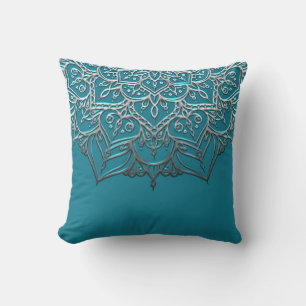 Eleganten Teal & Silver Mandala minimal marockansk Kudde