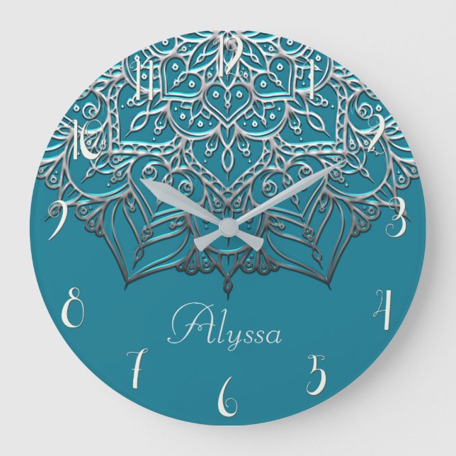 Eleganten Teal & Silver Mandala minimal marockansk Stor Klocka (Framsida)