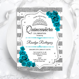Eleganten Teal Silver White Rand Quinceanera Inbjudningar