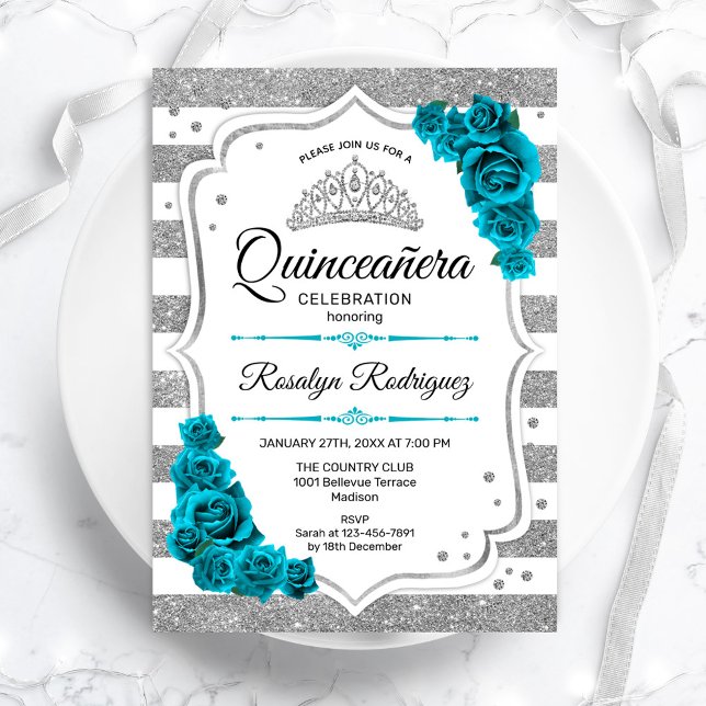 Eleganten Teal Silver White Rand Quinceanera Inbjudningar (Skapare uppladdad)