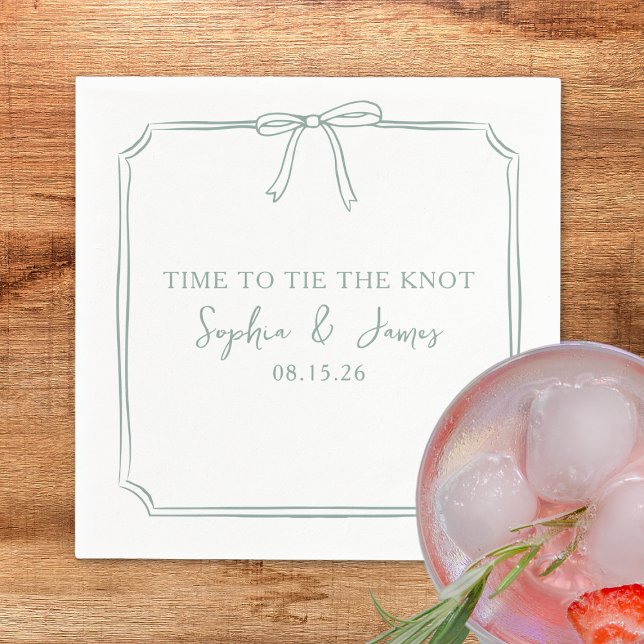 eleganten "Tie the Knot" Bow Sage Grönt Bröllop Pappersservett (Custom sage green napkins with chic hand drawn bow design—perfect to "Tie the Knot" in style. )