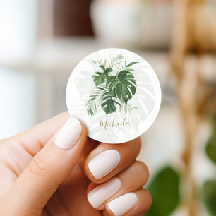 Eleganten Tropical Lövs Modern Script Runt Klistermärke