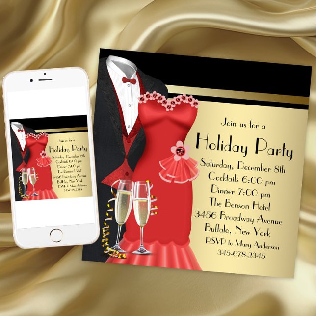 Eleganten Tuxedo Red Dress jul Inbjudningar (Christmas party invitation for any occasion. Available for download and printed invitations.)