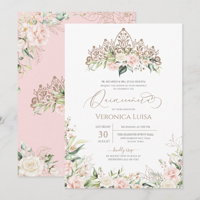Eleganten Vit ros Blommigt vid  Rosan Quinceanera Inbjudningar (Fram/baksida)