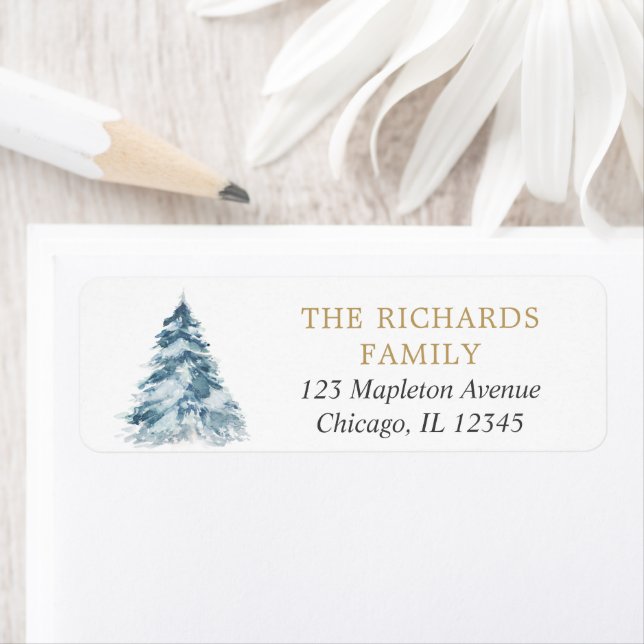 eleganten Watercolor Julgran snowing Returadress Etikett (Insitu)