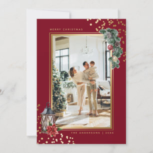 Eleganten Watercolor Red Guld Foto jul Julkort