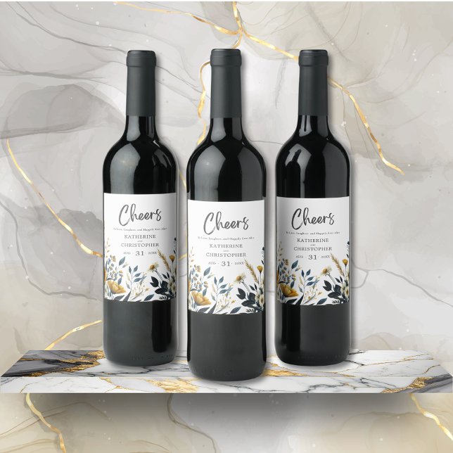 Eleganten Wildblommor Cheers Bröllop Vinflaska Etikett (Blue Yellow Wildflowers Elegant Wine Bottle Label.)