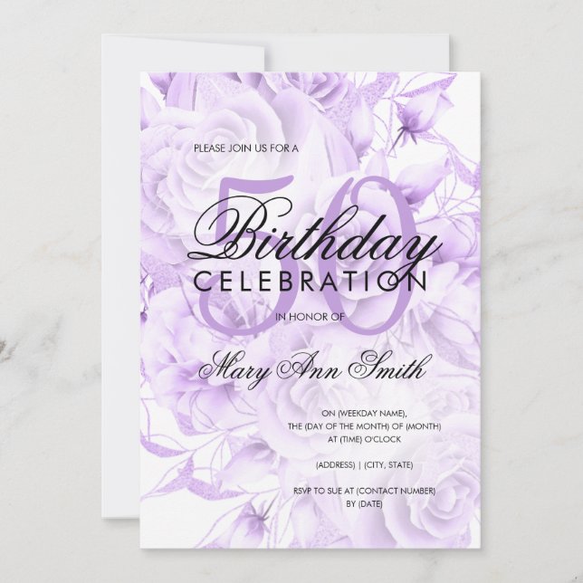 Elegantens 50:e Födelsedagsfestens Blommigt Lila V Inbjudningar (Framsida)