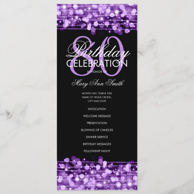 Elegantens 80:e Födelsedagsfest Program Lila Menu (Framsida)