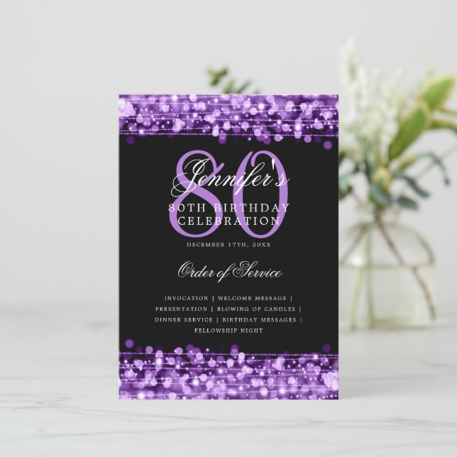 Elegantens 80:e Födelsedagsfest Program Lila Menu (Stående Fram)