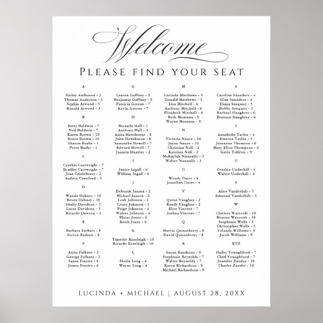 Elegantens alfabetiska sittningsschema för 100 gäs poster (Framsidan)