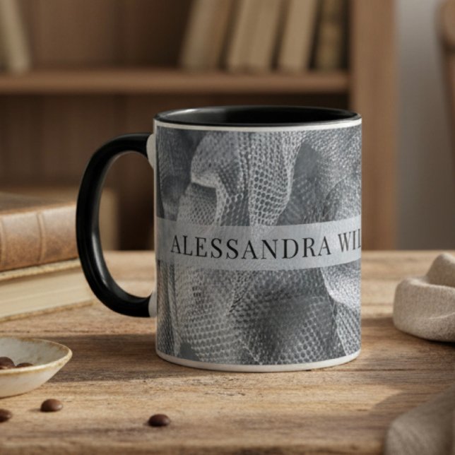 Elegantens anpassade namn Black Grått Tulle Toile  Mugg (Skapare uppladdad)