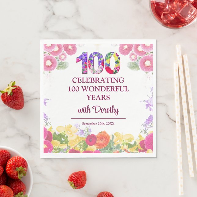Elegantens Blommigt 100:e Födelsedagsfesten/100 år Pappersservett (Insitu)