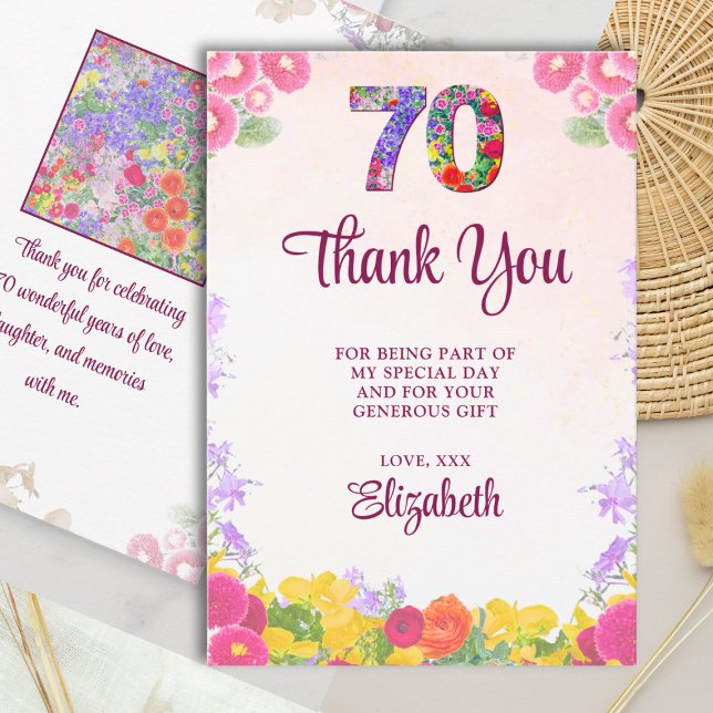 Elegantens Blommigt 70:e Födelsedagsfesten/70 år Tack Kort (Skapare uppladdad)