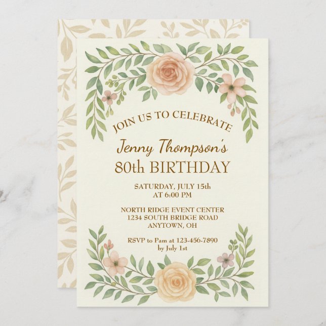 Elegantens Blommigt 80:e Födelsedagsfest inbjudan (Fram/baksida)