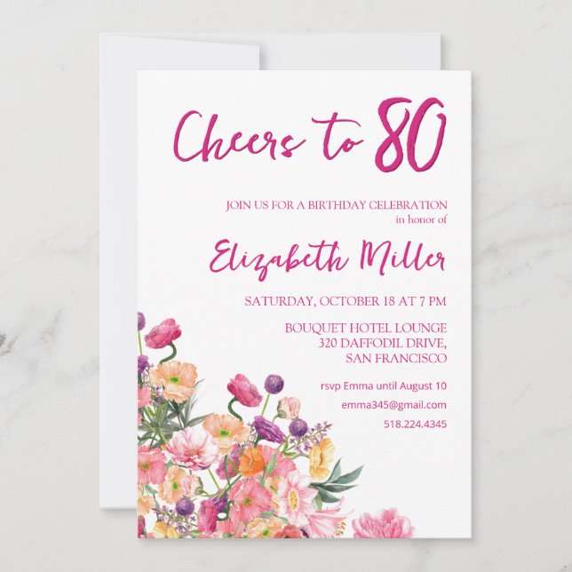 Elegantens Blommigt 80:e Födelsedagsfesten Inbjudningar (Framsida)