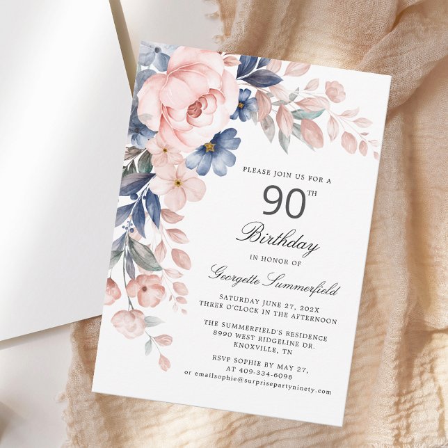 Elegantens Blommigt 90:e födelsedag Inbjudningar (Elegant Floral 90th Birthday Invitation)