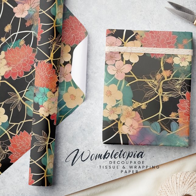 Elegantens Blommigt | Coral & Mint Peonies on Blac Presentpapper (Skapare uppladdad)