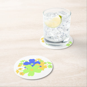 Elegantens Blommigt Design i Grönten Blått Gult Underlägg Papper Rund