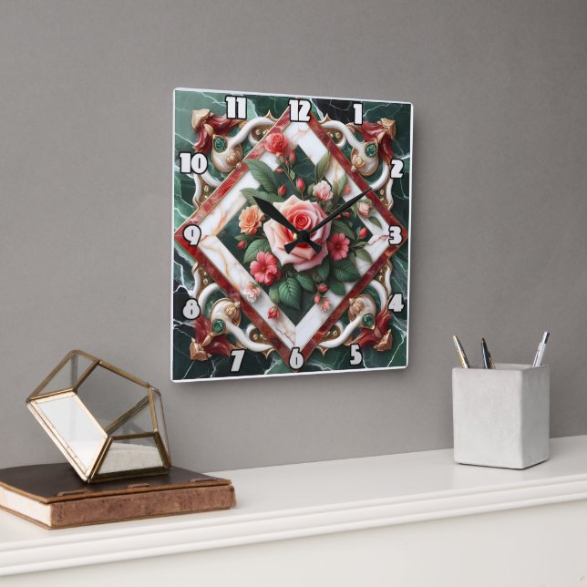 Elegantens Blommigt Design med Visningen Ro som är Fyrkantig Klocka (Kontor)