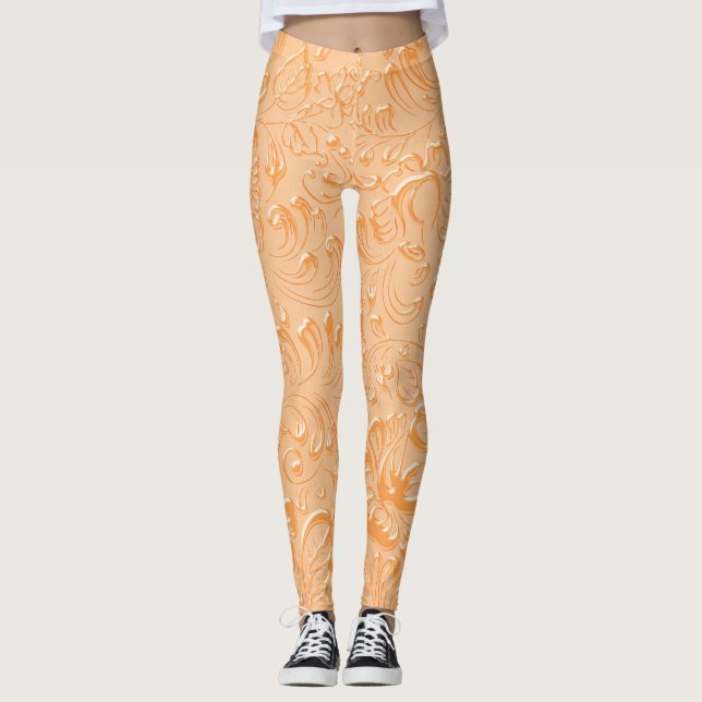 Elegantens Blommigt Embossed Peach Färg Leggings (Framsida)