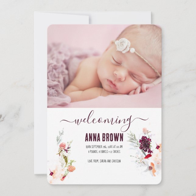 ELEGANTENS BLOMMIGT GRÖNT, ORANGE, RED & VIN BABY INBJUDNINGAR (Framsida)