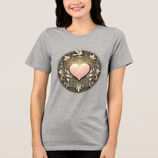 Elegantens Blommigt Heart- och Dove-design T Shirt (Framsida)