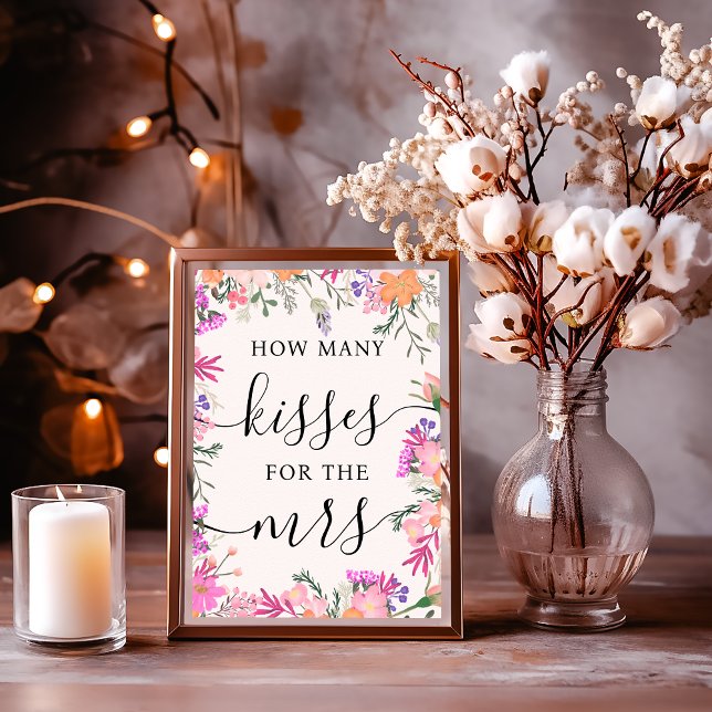 Elegantens Blommigt Hur många Kisses Möhippa-spel Poster (Elegant Floral How Many Kisses Bridal Shower Game Poster)