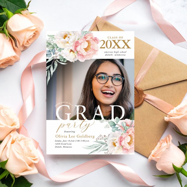 Elegantens Blommigt Klass för 2023 Grad-gruppinbju Inbjudningar (Elegant Floral Photo Graduation Invitation)