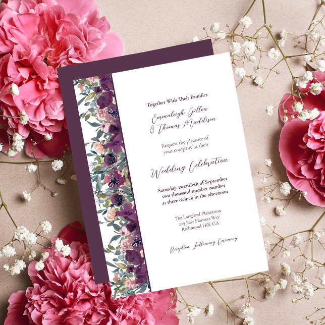 Elegantens Blommigt | Lila Garland Bröllop Inbjudningar (Skapare uppladdad)