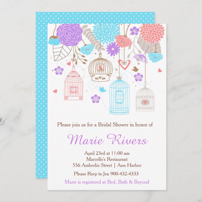 Elegantens Blommigt Lila och blå Möhippa Inbjudningar (Fram/baksida)