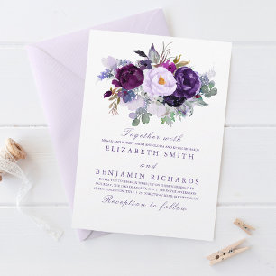 Elegantens Blommigt   Lila Watercolor Bröllop Inbjudningar