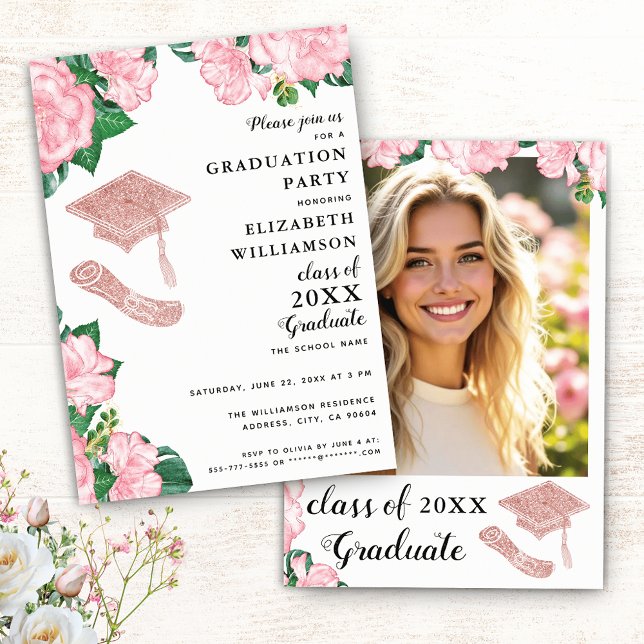 Elegantens Blommigt Ljusa rosa och vita Studenten Inbjudningar (Skapare uppladdad)