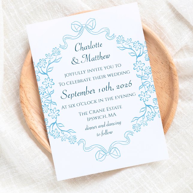 Elegantens Blommigt och Bow Illustration Blue Bröl Inbjudningar (Elegant blue floral wedding invitations with classic charm. Customize your formal wedding invite.)