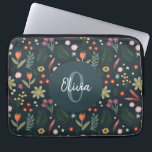 Elegantens Blommigt och Modern monogram botanik Laptop Fodral<br><div class="desc">Den här eleganten och den moderna blommigten laptop sleeve-designen har söt orange, grönt och blåa blommor, med botaniska växter av grönt och en marin blå bakgrund, och det finns utrymme för dig att lägga till en namn och börja med ett handskrivet teckensnitt. Den perfekt chicens färgstarka monogramgåva till vilken blomma...</div>