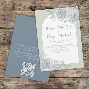 Elegantens Blommigt QR-kod Blue Grönt Greenery Inbjudningar
