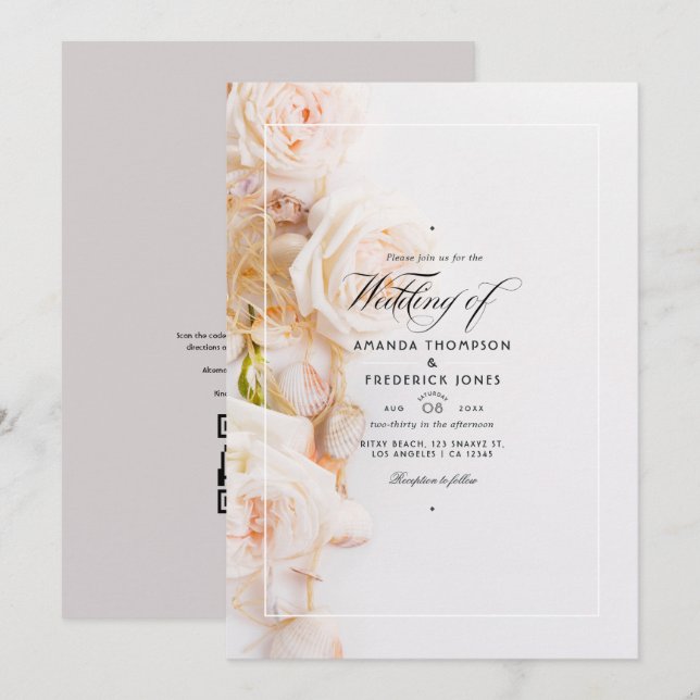 Elegantens Blommigt QR OSA Beach Wedding Inbjudningar (Fram/baksida)