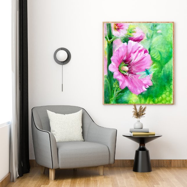 Elegantens Blommigt Rosa Art Poster  (Hollyhocks)