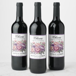Elegantens Blommigt Rosa och Lila Blommigt Bröllop Vinflaska Etikett